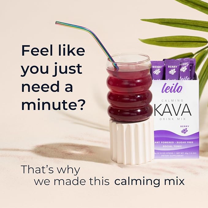 Leilo | Calming Kava Drink Mix | Berry, 10 Stick Packs (Plant-Based Relaxation Powder, Non-Alcoholic, Sugar-Free Herbal Supplement)