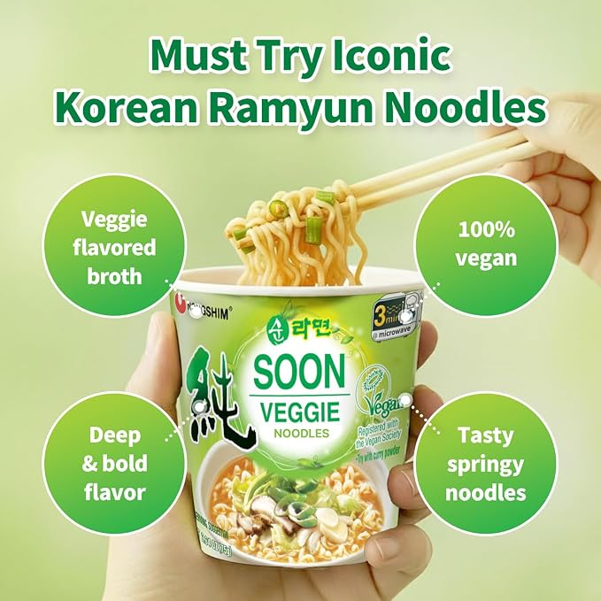 Nongshim Soon Veggie Ramyun Noodles, Signature Korean Instant Ramyun, Vegetable Flavored Broth, Vegan Noodles, Quick & Easy, Microwaveable Cup, 2.64 oz (Pack of 6)