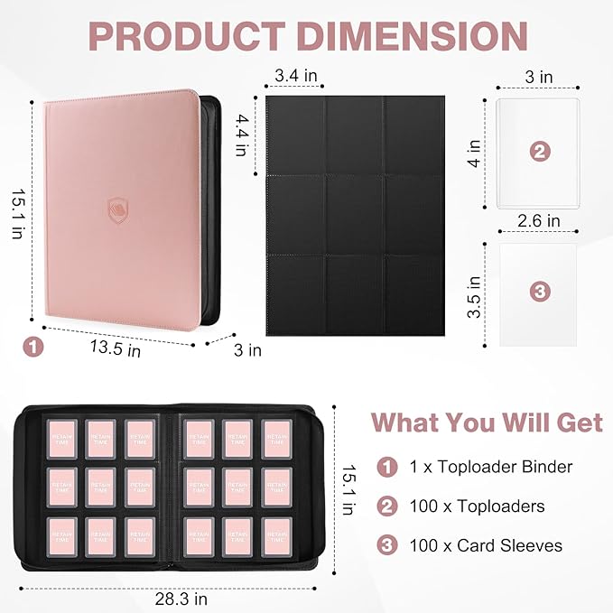 Toploader Binder, Holds 360 Toploaders, 100 Toploaders INCLUDED, 9-Pocket PU Cover Top Loader Binder for 3" x 4" Rigid Toploader, Ringless Double-Sided Toploader Card Binder for TCG, Sport Cards