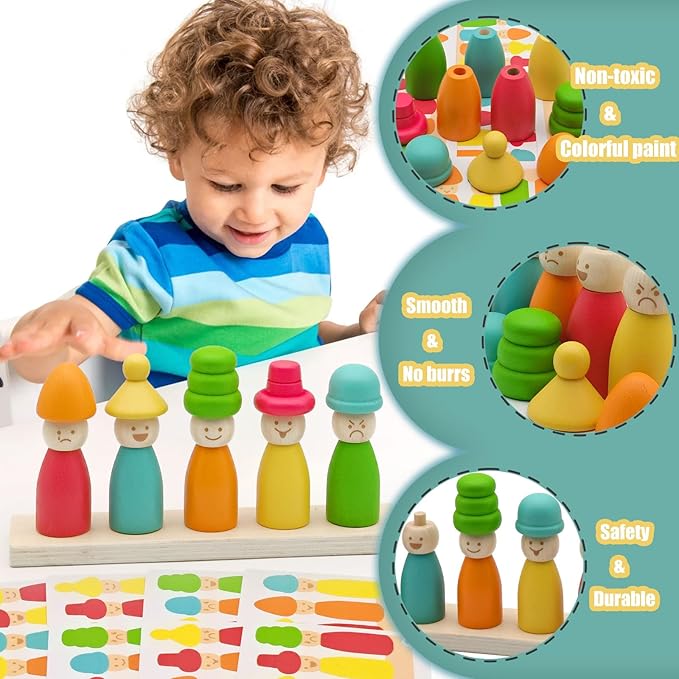 ZHX Montessori Wooden Stacking Toys for 3 4 5 6 Year Old Boys Girls, Colorful Puppet Hat Face Matching Game Preschool Educational Toys Gift for Toddler
