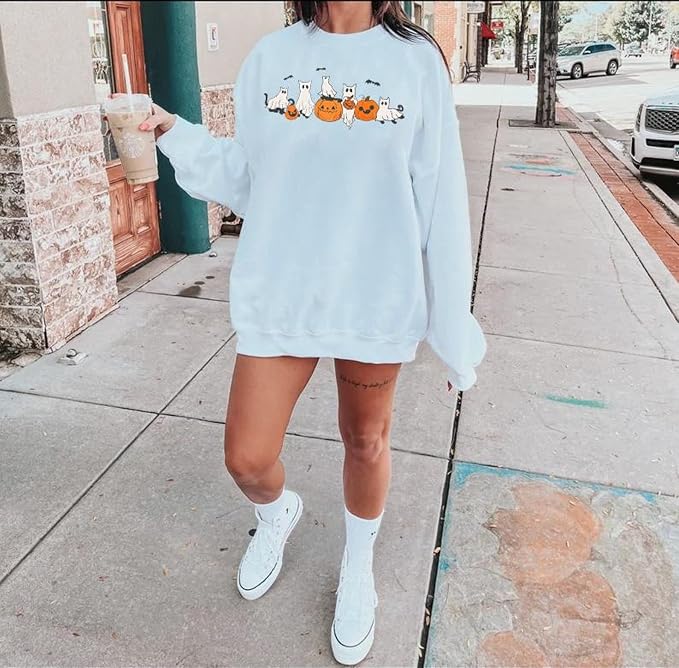 YOUNG GREEN Halloween Party Crewneck Sweatshirt Cute Ghost Sweatshirt Gift For Womens Spooky Season Shirt