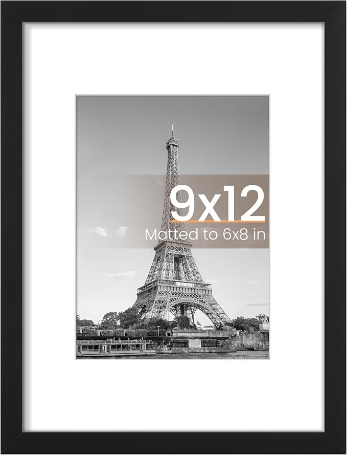 upsimples 9x12 Picture Frame, Display Pictures 6x8 with Mat or 9 x 12 Without, Wall Hanging Photo Frames, Black, 1 Pack