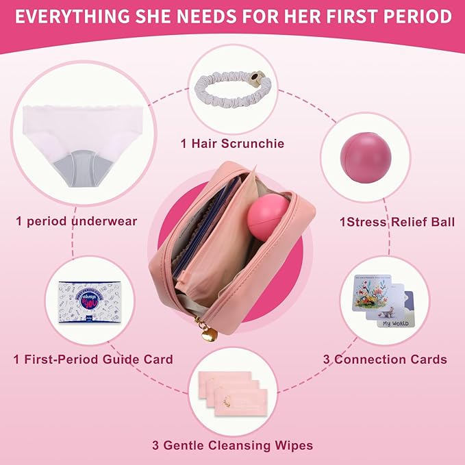 First Period Kit for Girls 9-12.Tween Period Starter Kit with spare Underwear, Educational Guide & Card in Gift Box - Thoughtful Puberty Gift (M)