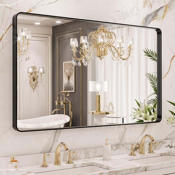 LOAAO 40x24 Inch Black Bathroom Mirror Metal Framed | Matte Black, Rounded Rectangle, Anti-Rust, Hangs Horizontally or Vertically