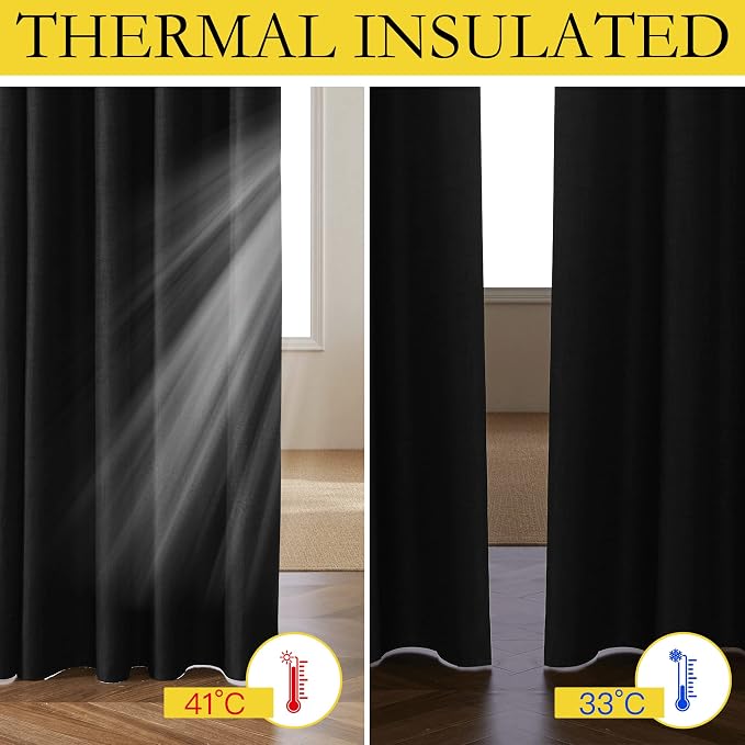 NICETOWN Black Truly Blackout Linen Blend Flax Drapes for Office, Vintage Back Tab 100% Blackout Curtains with White Liner Backing for Kitchen Dorm Window（Set of 2, 52" Wide x 63" Long