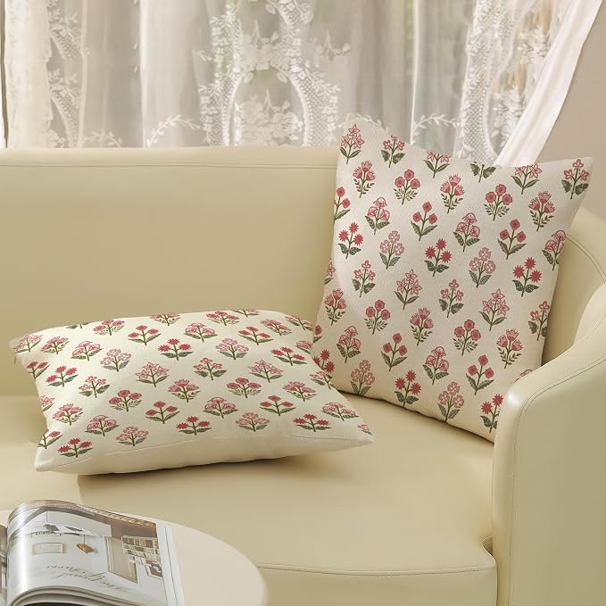 Farmhouse Floral Block Print Pillow Covers 18x18 Set of 2, Vintage Rustic Decorative Throw Pillows Modern Flower Cushion Covers for Sofa Couch Bed Living Room Home Decor, Sage Green Pink