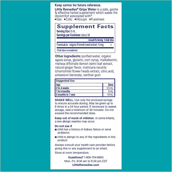 Little Remedies Gripe Water for Babies, With Chamomile, for Baby Gas Relief, No Alcohol or Artificial Dyes, 4 Fl Oz, Pack of 6