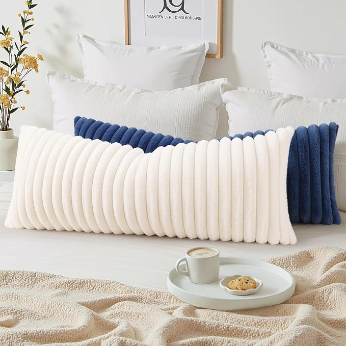 decorUhome Fall Faux Fur Throw Pillow Covers 14x36 Pack of 1 Cream White | Decorative Soft Cozy Striped Plush Modern Farmhouse Boho Couch Pillow Cases Velvet Back for Sofa Bed Living Room Home Decor