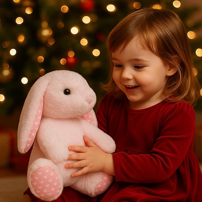Pink Rabbit Bunny Stuffed Animal Plush Toys with Floppy Ears & Heart Print for Lover, Kids, Boys, Girls, Babies - Perfect Birthday Nursery Décor Easter Christmas Bedtime Gift