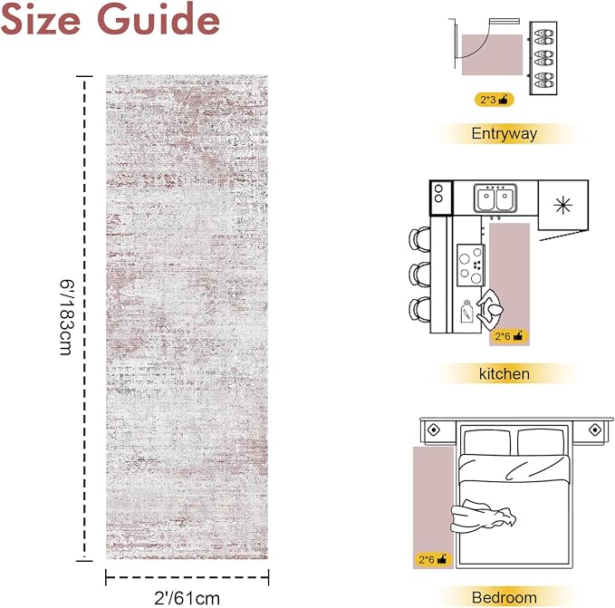 2x6 Ft Washable Runner Rug, Non-Slip Low Pile Hallway Kitchen Area Rug, Soft Abstract Long Entryway Floor Mat Print Pattern Carpet for Bedside & High-Traffic Areas (Pink)