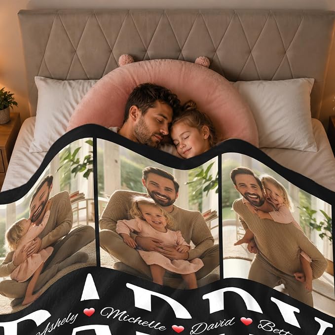 Fathers Day Birthday Gift for Dad Custom Blanket with 6 Photo & Text, Personalized Blankets with Picture to My Dad, HD Printing Customized Flannel Throw Blanket Gifts for Best Daddy Grandpa Ever
