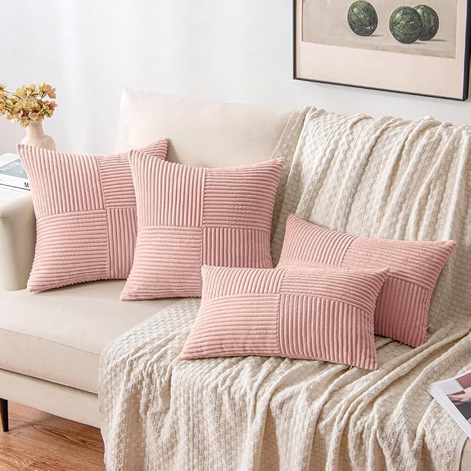 MIULEE Pink Decorative Lumbar Throw Pillow Covers 12x20 Inch 2 Pack | Boho Farmhouse Pillow Covers, Soft Cross Corduroy Patchwork Textured Cushion Cases For Bed Sofa