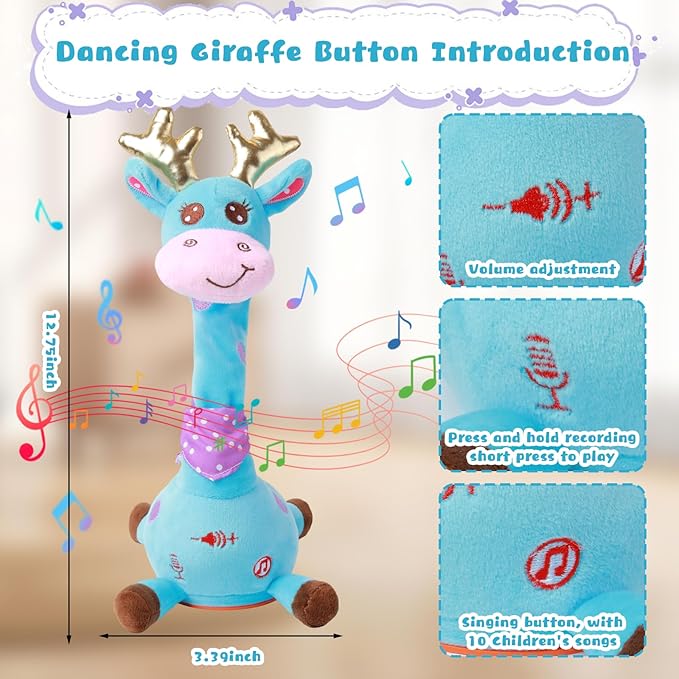 MIAODAM Dancing Talking Giraffe Stuffed Animal, Singing 10 Children's Song, Baby Toy Repeats What You Say, Christmas Colorful Glowing Giraffe Plush Interactive Toys for Toddlers 1-3 Year(Blue