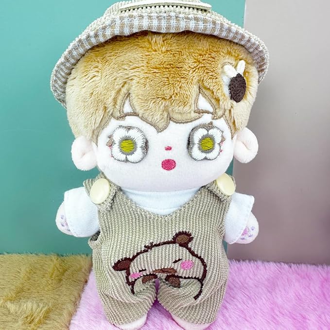 niannyyhouse 17cm Doll Clothes Hat White T-Shirt Animal Print Overalls 15cm Plush Doll Dressup (Pink-1)