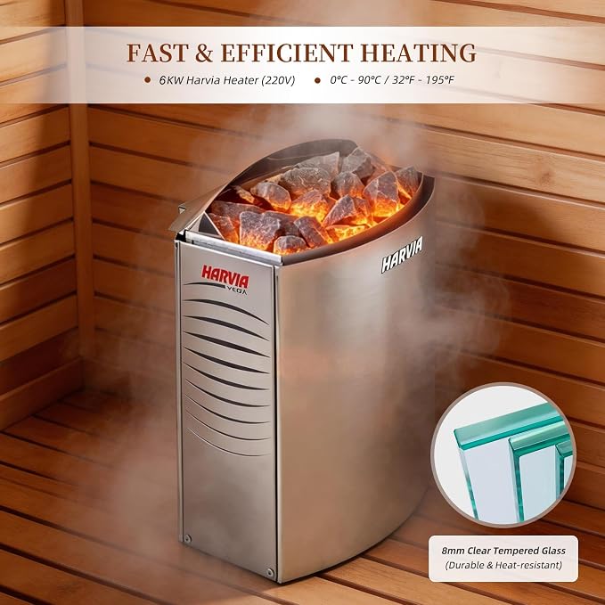 ZONEMEL Wooden Steam Sauna Room, 4 to 5 Person Canadian Hemlock Luxurious Indoor Sauna with 6 KW Harvia Stove Heater, Sauna Stone, Wooden Bucket, Scoop, Reading Light, WiFi Control, 220V, 195℉