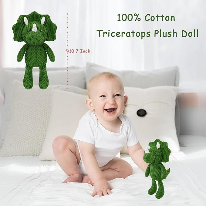 10'' Baby Green Triceratops Stuffed Animal Set with 5.9'' Dino Wooden Baby Rattle Cute Cotton Baby Boy Gifts Teething Plush Doll Toy Teddy Bear for Newborn, Baby Shower, Birthday, Easter Gift