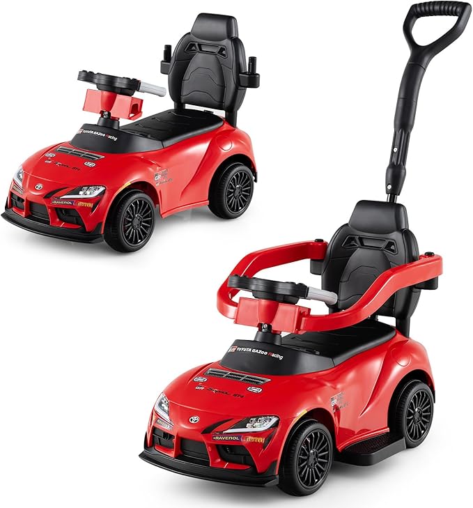 Costzon Push Car for Toddlers, 3 in 1 Toyota Licensed Stroller Sliding Walking Car w/Handle, Music, Safety Guardrail, Under-Seat Storage, Foot-to-Floor Kids Ride On Toys for Boys Girls (Red)