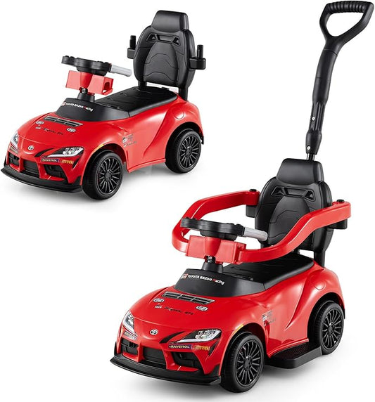 Costzon Push Car for Toddlers, 3 in 1 Toyota Licensed Stroller Sliding Walking Car w/Handle, Music, Safety Guardrail, Under-Seat Storage, Foot-to-Floor Kids Ride On Toys for Boys Girls (Red)