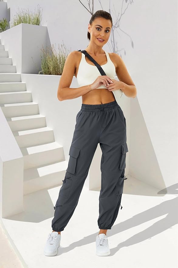 COPYLEAF Womens Parachute Cargo Pants with Pockets Quick Dry Hiking Pants Lightweight Water-Resistant Baggy Joggers