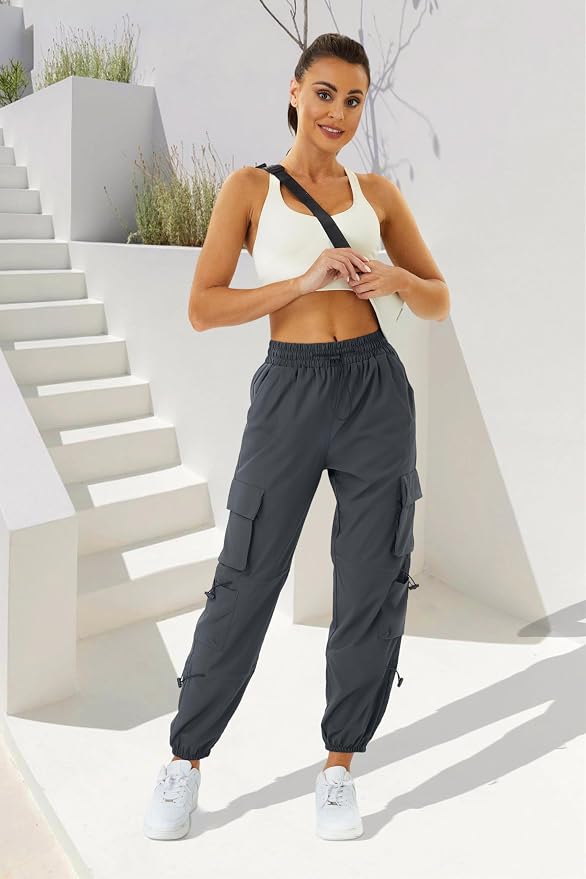 COPYLEAF Womens Parachute Cargo Pants with Pockets Quick Dry Hiking Pants Lightweight Water-Resistant Baggy Joggers