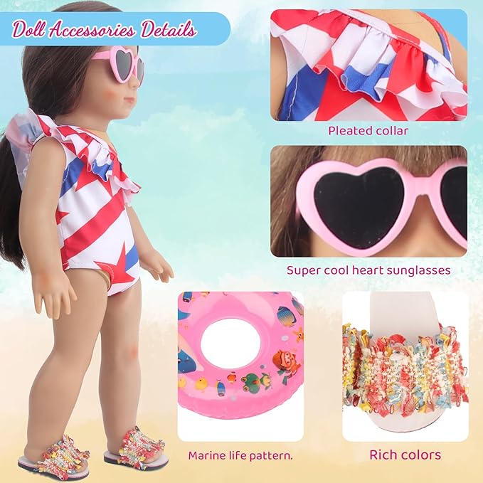 18 Inch Doll Clothes & Accessories Bundle-5-Pcs Summer Beach Playset with Swimsuit,Sandals,Goggles,Sunglasses & Inflatable Ring for 18 Dolls Wardrobe