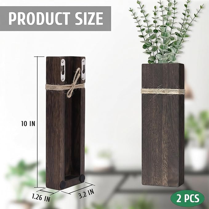 Wall Planters for Indoor Plants Set of 2, Rustic Boho Wood Wall Vases for Dried Flowers & Artificial Plants, Modern Farmhouse Home Decor for Living Room Bedroom Kitchen Dining Room - Dark Brown