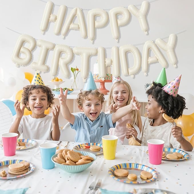 Cream Happy Birthday Balloon Banner, Neutral Beige Happy Birthday Foil Balloon, 16 Inch Ivory White Sand Born Day Bunting Banner Letter Balloons for Men Women Birth Party Decorations Supplies