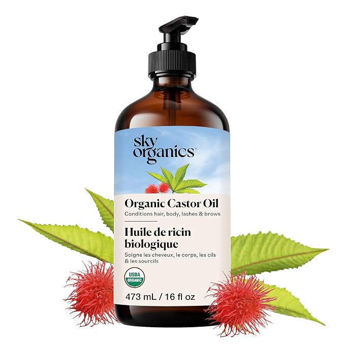 Sky Organics Organic Castor Oil glass bottle for Hair, Lashes & Brows 100% Pure & Cold-Pressed USDA Certified Organic to Strengthen, Moisturize & Condition, 16 fl. Oz