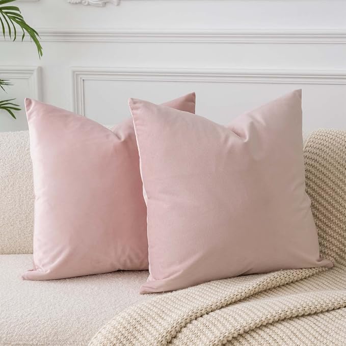 Pink 18x18 Throw Pillow Covers Decorative Velvet Cushion Covers Set of 2 | Soft Pillow Cases with Invisible Zipper for Modern Couch Sofa Bed Living Room Bedroom Home Decor