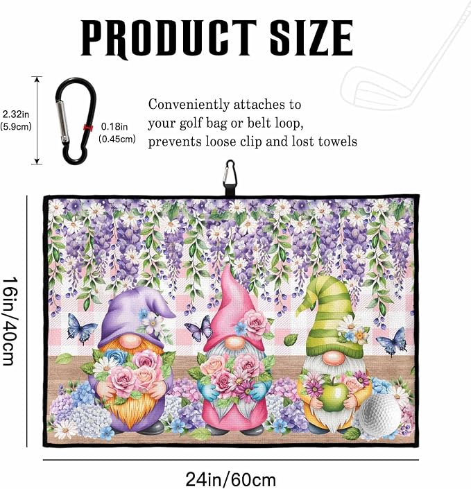 Blue Purple Gnomes Golf Towel with Clip, Spring Hydrangea Flower Leaf Pink Plaid Large Microfiber Women Men Sports Work Out Disc Golf Bag Towel for Yoga, Gym, Fitness, Swimming Towels Accessory