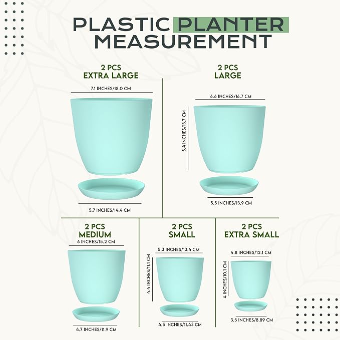 Plant Pots Indoor with Drainage, 10 Pack Multi-Size Planters Set, Aqua | Drainage holes included Multiple sizes 7/6.6/6/5.3/4.8 In Indoor plants and flowers Durable plastic construction