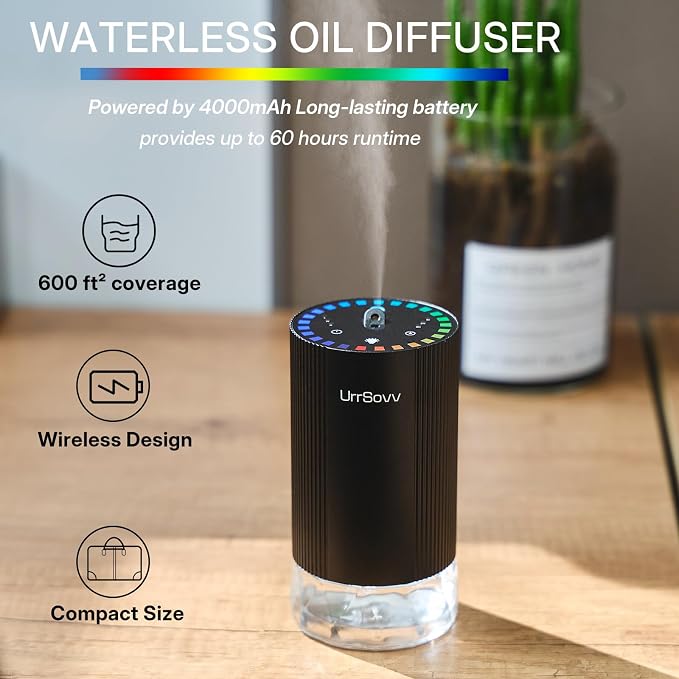 UrrSovv Waterless Car Essential Oil Diffuser Battery Operated (Black) | Waterless Aluminum Alloy 4000mAh Long Lasting Battery Operated Essential Oil Diffuser for Car Home Office