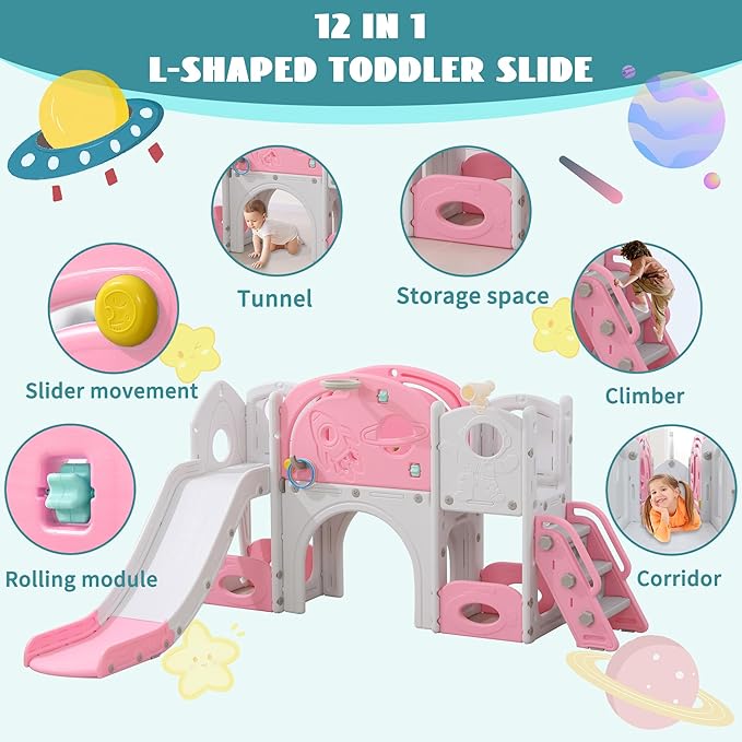 12 in 1 Toddler Slide, Astronaut Themed for Baby Slide Toddlers Aged 3+, with Astronaut,Telescope, Basketball Hoop and Ring Toss, Toddler Playset Pink Gray Combo