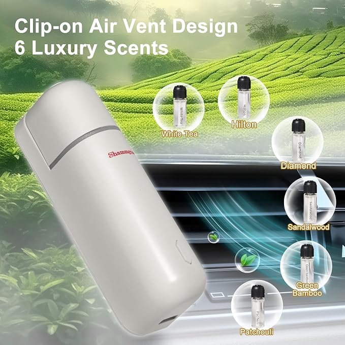 Car Diffuser, Motion Sensor Waterless Essential Oil Diffuser for Car USB Rechargeable with 6 Refill Scents（Hilton/Sandwood/WhiteTea/Diamond/GreenBamboo/Pachuli