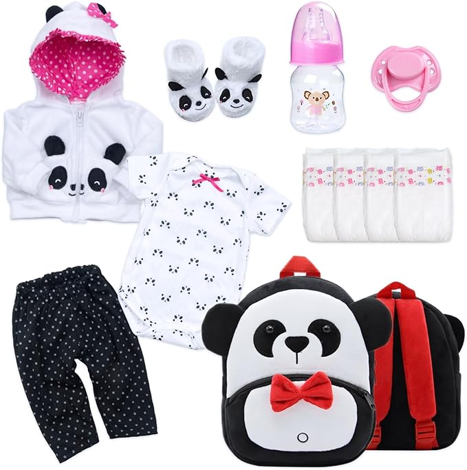 11-Piece Reborn Baby Dolls Clothes Girl Accessories Panda Outfit for 20-23 Inch Newborn Baby Dolls with Panda Backpack Diapers