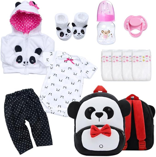 11-Piece Reborn Baby Dolls Clothes Girl Accessories Panda Outfit for 20-23 Inch Newborn Baby Dolls with Panda Backpack Diapers
