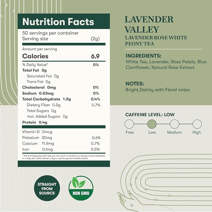 Luxmi Estates Lavender Valley Organic Lavender Tea (50 Tea Bags) Low Caffeine Tea Bags For Relaxing, Calming, and Stress Relief, With Certified Organic Darjeeling Makaibari White Tea