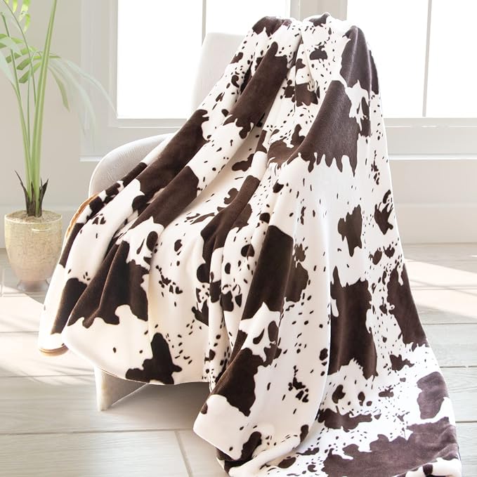 Cow Print Blanket Twin Size Flannel Soft Blankets and Throws Lightweight Warm Cozy Fuzzy Black Cow Fleece Bedding for Couch Sofa, Gifts for Adults All Seasons 60" x 80"
