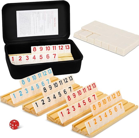 4 Players Rummy Game Set, 106 Melamine Tiles, 4 Wooden Racks, Premium Portable Case, Tile Board Games for Adults, Easter Bastket Stuffers, Easter Gifts for Men Women Dad Mom