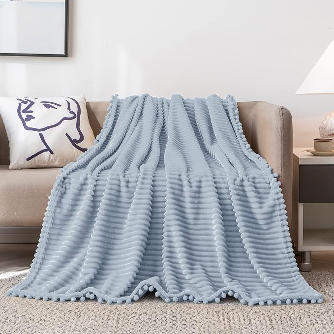DISSA Fleece Blanket Queen Size – 71x80, Grey – Soft, Plush, Fluffy, Fuzzy, Warm, Cozy – Perfect Throw for Couch, Bed, Sofa - with Pompom Fringe - Flannel Blanket