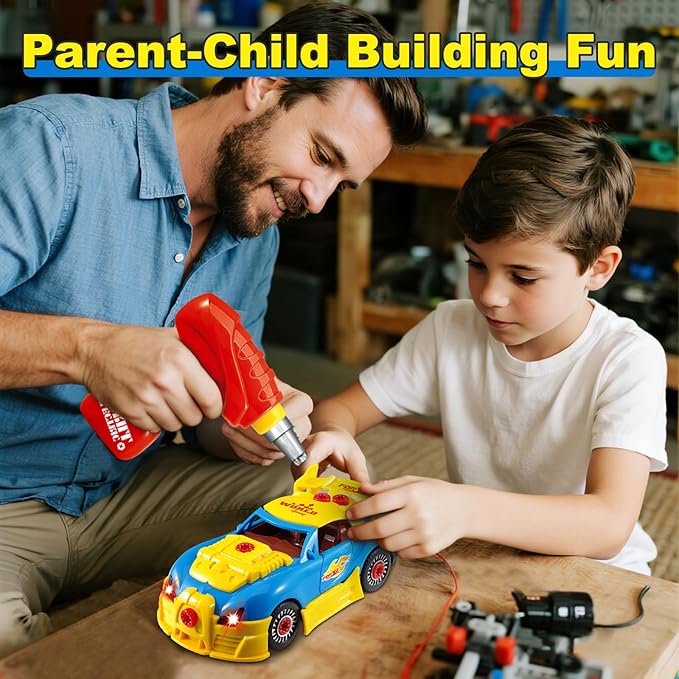 Pup Go Construction Toys for Boys Age 3-8, Take Apart Toy Car Racing, 30 Pieces Building Toys with Electric Drill, Build Your Own Car with Realistic Sounds & Lights, STEM Gifts Kids (4 Spare Screws)