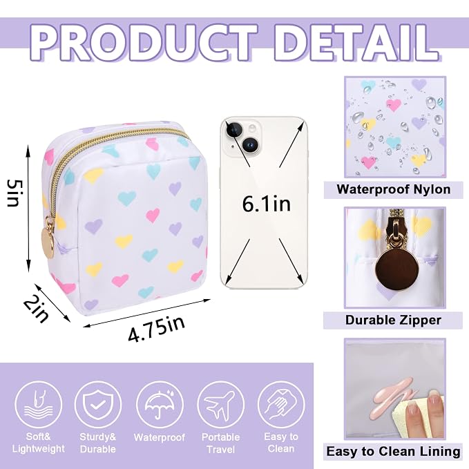 UIXIZQ Mini Makeup Pouch for Purse, Nylon Travel Toiletry Organizers Small Cosmetic Bag for Women Girl, Checkered Cute Zipper Coin Purse Preppy Storage Bag for School Work(Mini-White Heart)