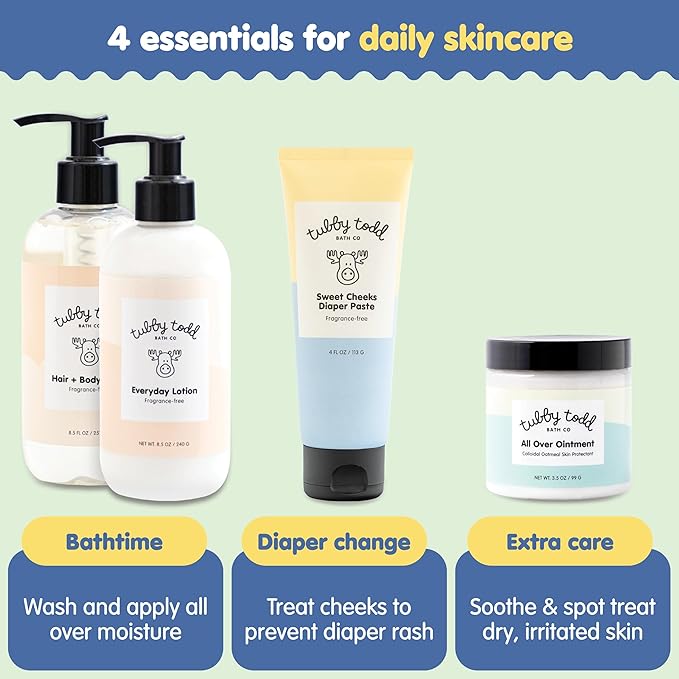 Tubby Todd Baby Bath & Skincare Kit - The Baby Bundle - Shampoo and Body Wash, Everyday Lotion 8.5 Oz, All Over Ointment 3.5 Oz & Diaper Paste Cream 7.9 Oz Gift Set - Lavender Rosemary