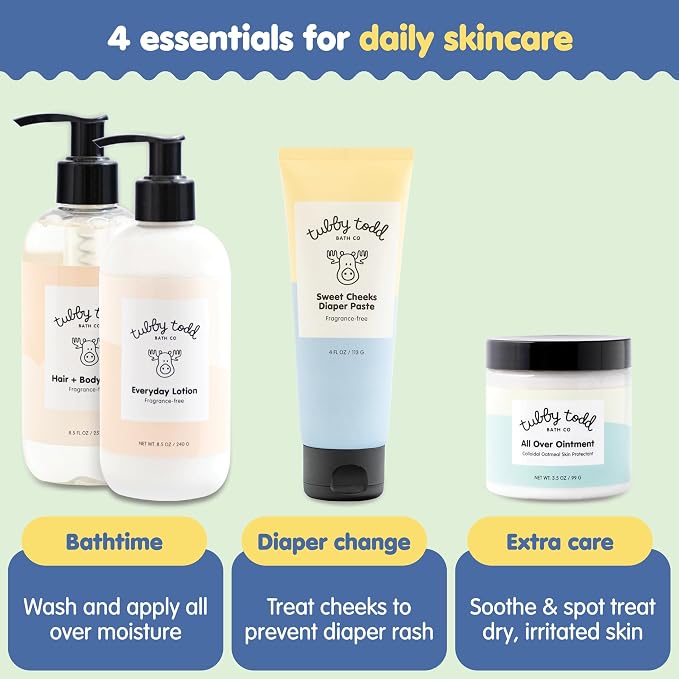 TUBBY TODD Baby Bath & Skincare Kit - The Baby Bundle - Shampoo and Body Wash, Everyday Lotion 8.5 Oz, All Over Ointment 3.5 Oz & Diaper Paste Cream 4 Oz Gift Set - Fragrance-Free