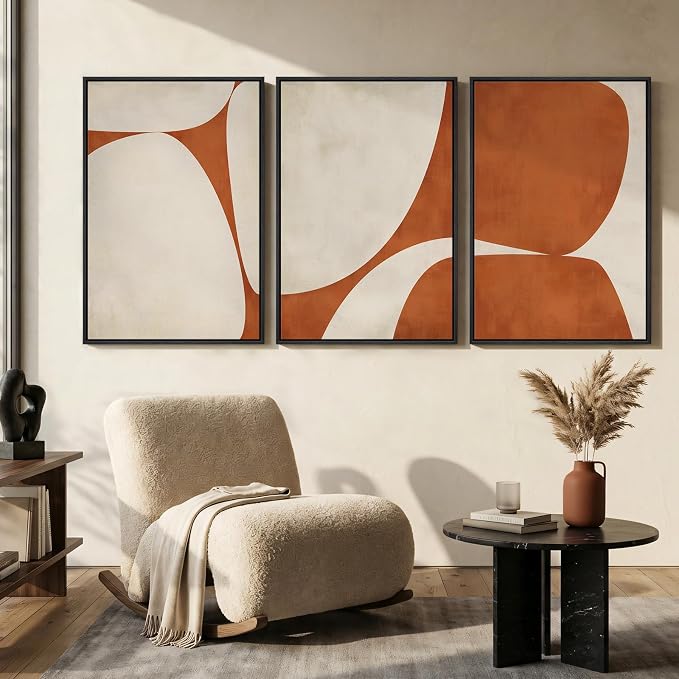 Large Framed Neutral Abstract Wall Art for Living Room, 3 Piece Modern Canvas Prints Paintings Artwork for Walls, Minimalist Beige Orange Block Pictures for Hallway Dining Bedroom Wall Decor 24x36 In