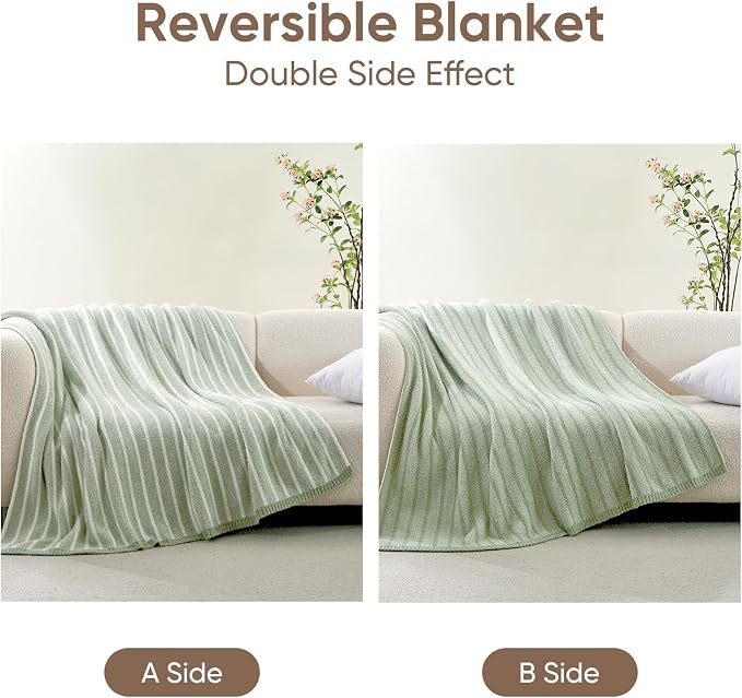 Snuggle Sac Ultra Soft Throw Blanket, Sage Green, 50"x60" | Reversible, Cozy Knitted Ribbed, Fuzzy Knit Striped, For Couch, Sofa, Bed, Home Decor