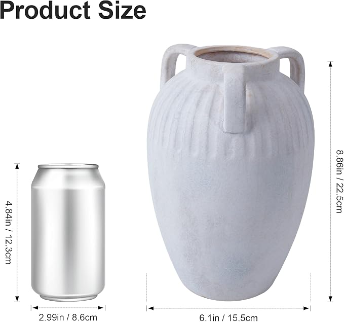 Ceramic Flower Vase with Handles, 8.86 inch Tall Ceramic Vase Home Decor Vintage Terracotta Rustic Vase for Bouquet Pottery Barn Decor Large Vases for Living Room Bathroom Modern Farmhouse, White