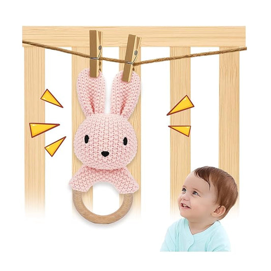 Baby Rattle Teether Bunny Pink Crochet Rabbit Toy for Baby Girl Handmade Knitted Easy Grip Wood Handle for Gum Relief Woodland Animal Plush Stuffed Easter Basket Shower Gift Newborn