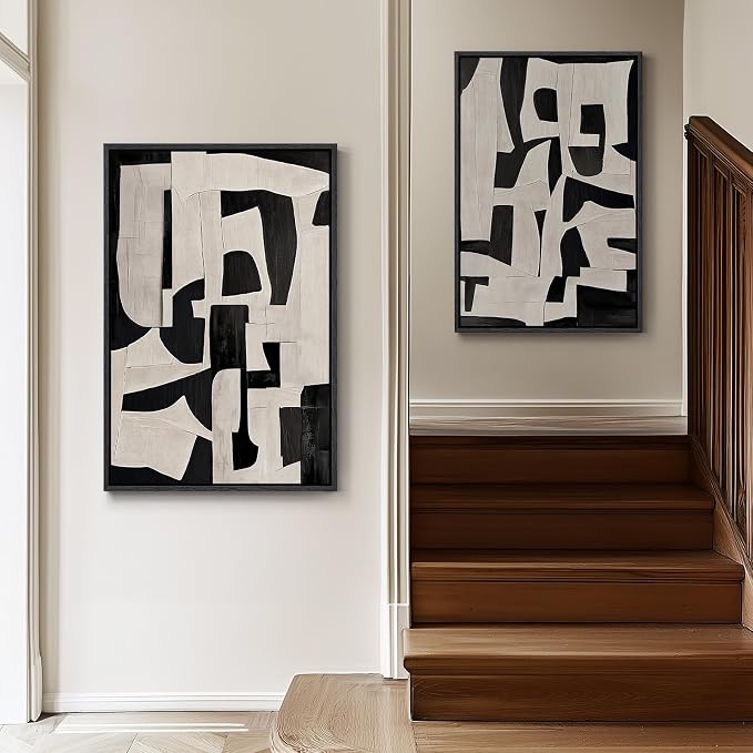 Large Framed Black and White Abstract Wall Art for Living Room, 24x36 In | 2 Piece, Canvas Prints, Black and Beige Pictures, Modern Minimalist Paintings, Geometric, Bedroom Hallway Entryway Wall Decor