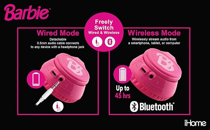 eKids Barbie Bluetooth Headphones, Pink Wireless Headphones with Microphone Includes Aux Cord, Volume Reduced Kids Foldable Earphones